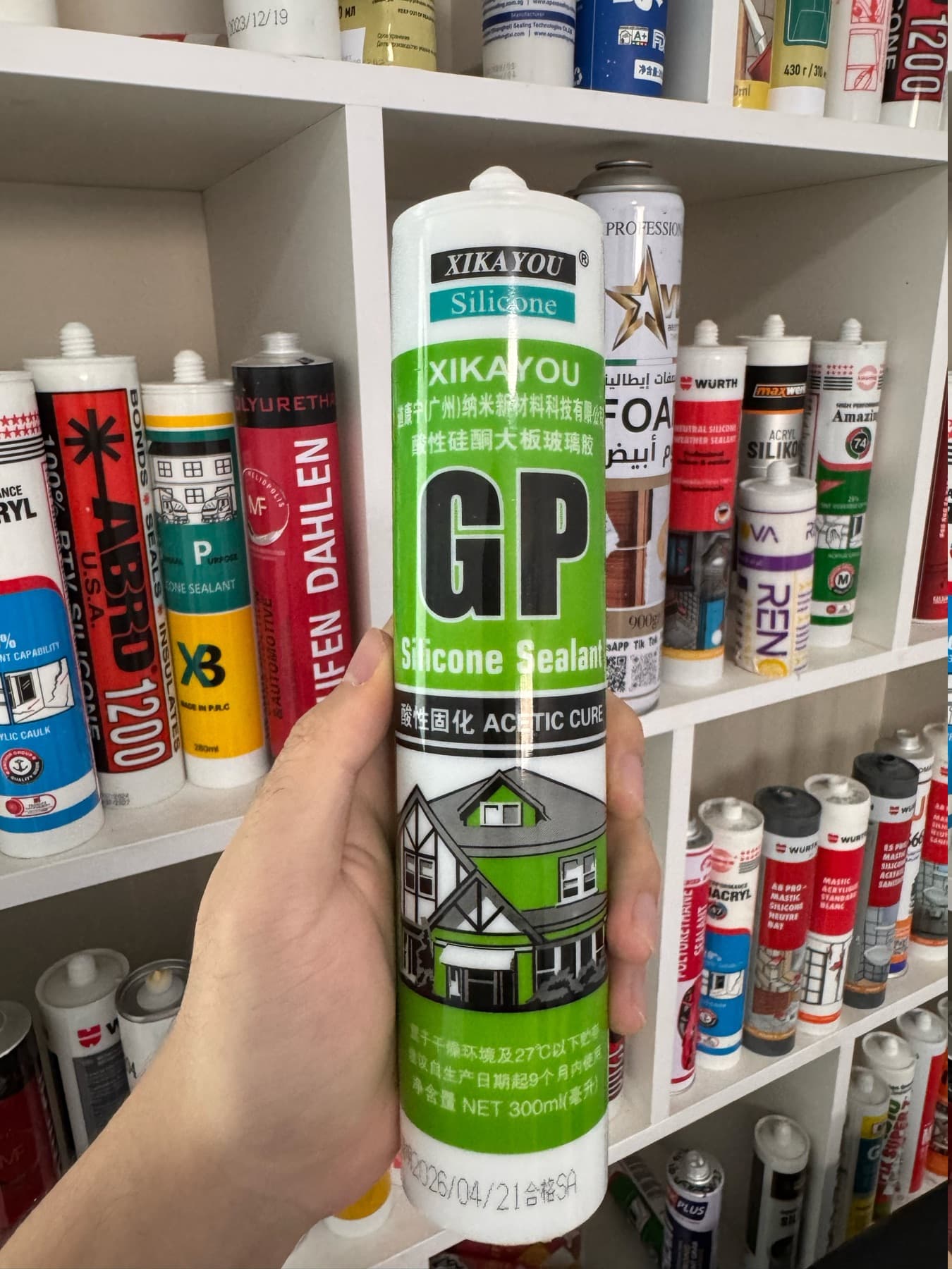 Green general-purpose silicone sealant sample