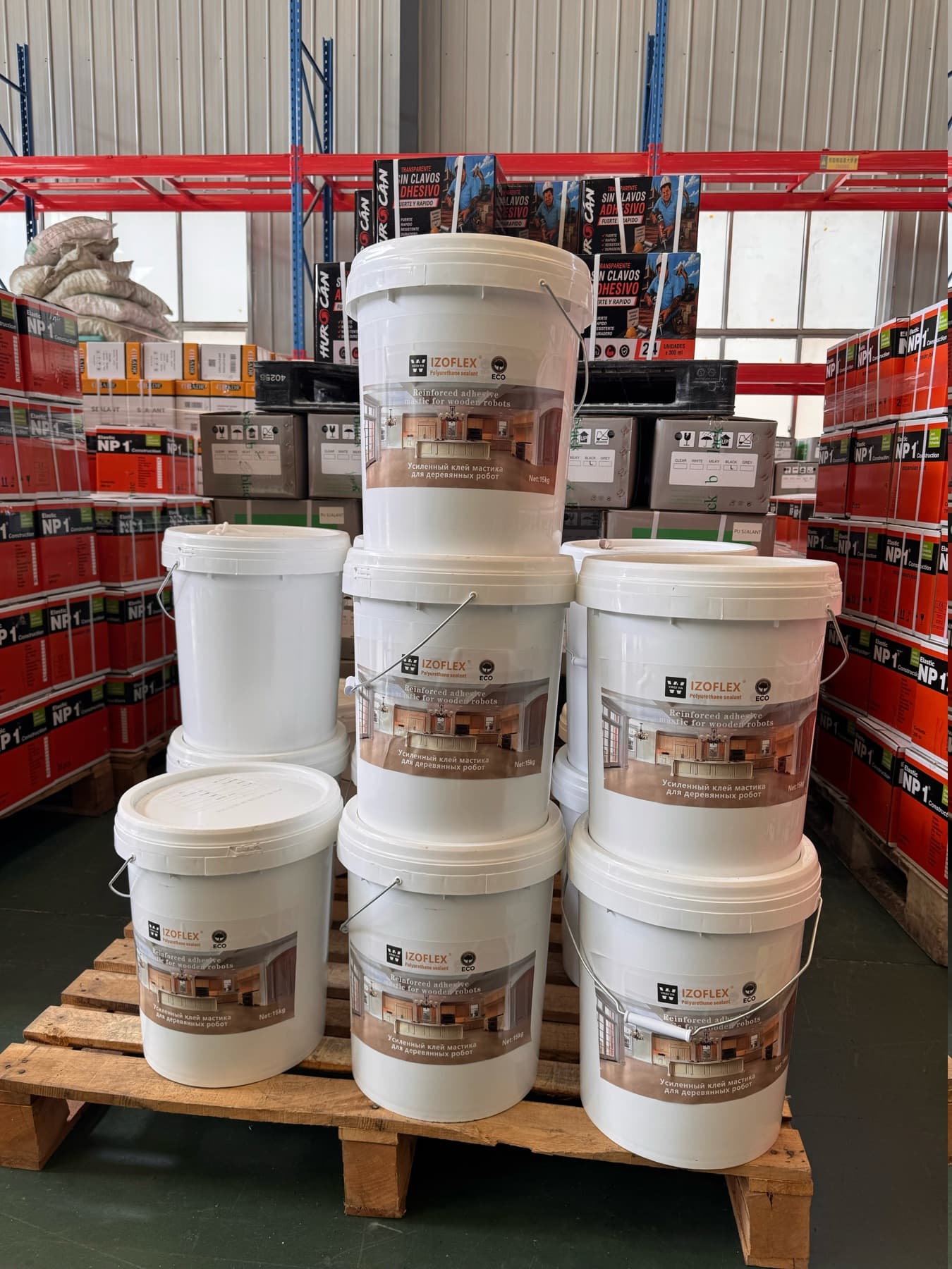 Pail products stored in the finished-goods warehouse