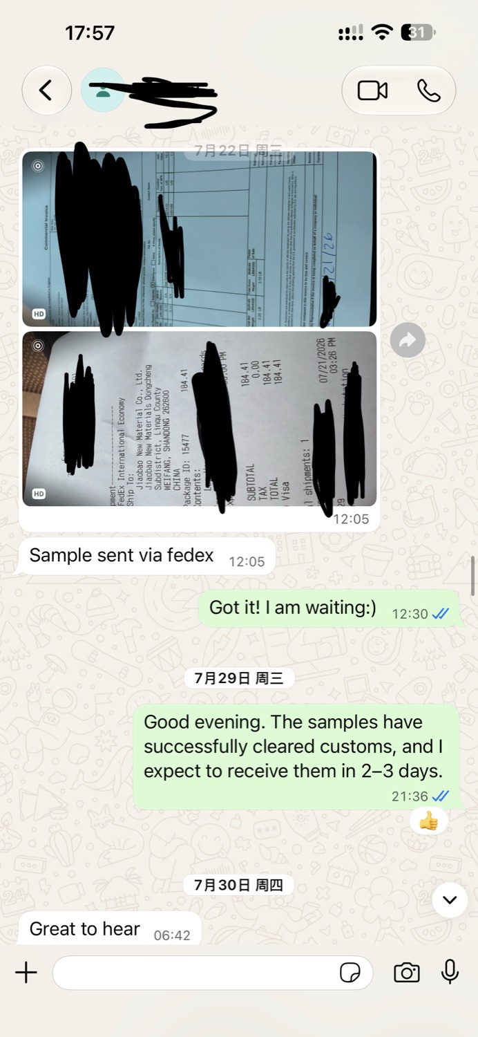 Reference sample sent from the United States by FedEx